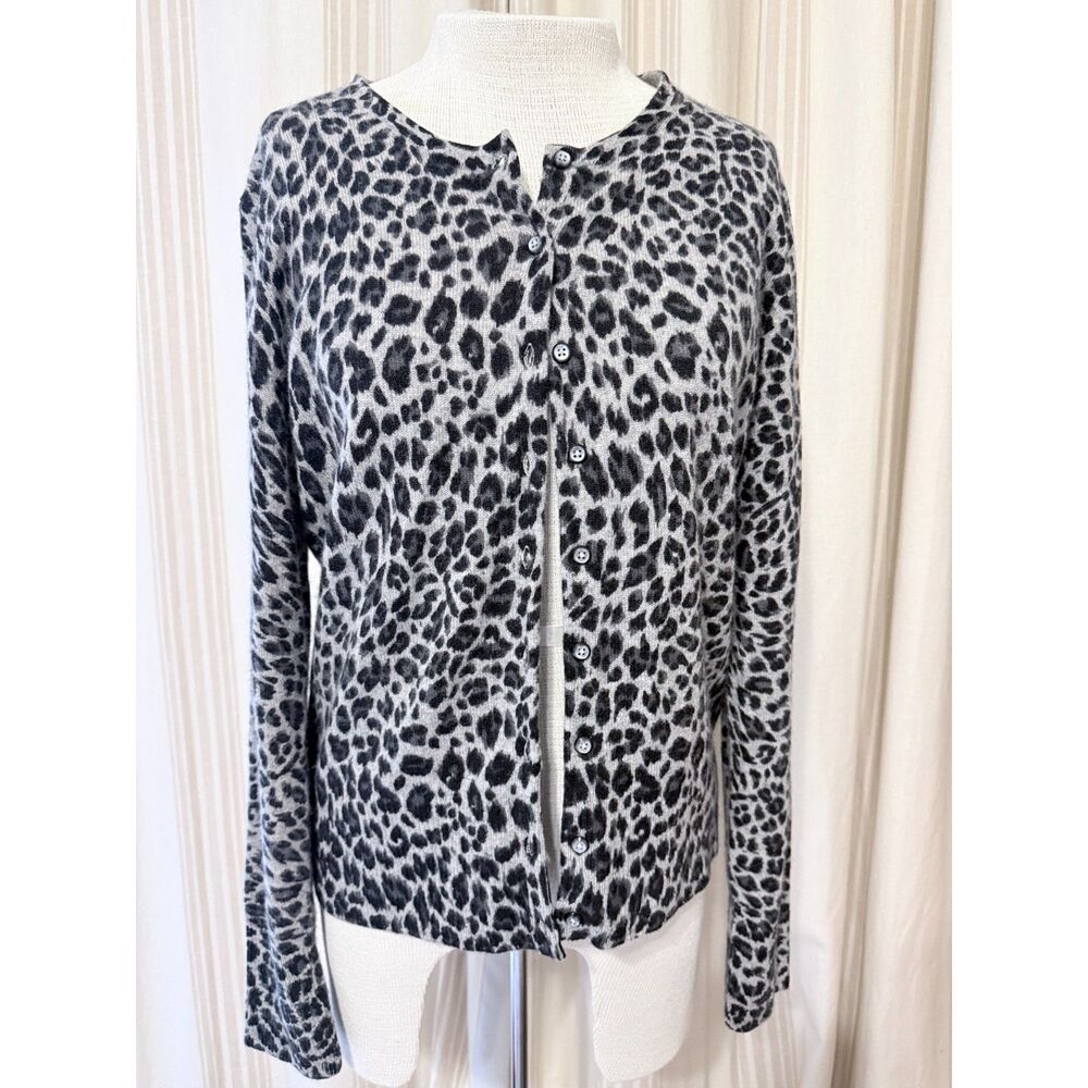 100% Cashmere Leopard Print Cardigan Gray Black Women’s Medium